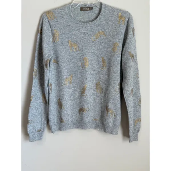 Brodie Cashmere Sweater Womens Medium Grey Foil Leopard Animal Print Crewneck - Image 2