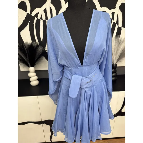 ASOS Design Blue Chiffon Mini Dress Belted Plunge Long Sleeve NWT US 4 - Image 2