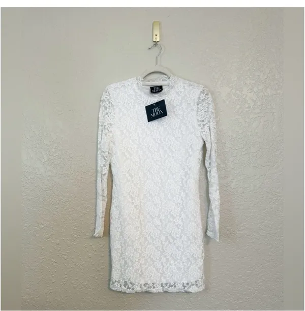 White long sleeve lace mini dress reception bridal bachelorette dress size M/L - Image 3