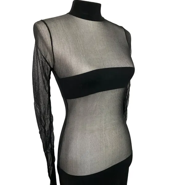 MONOT Contrasting Bands Mini Dress in Black 2 New Womens Sheer Panel Long Sleeve - Image 5