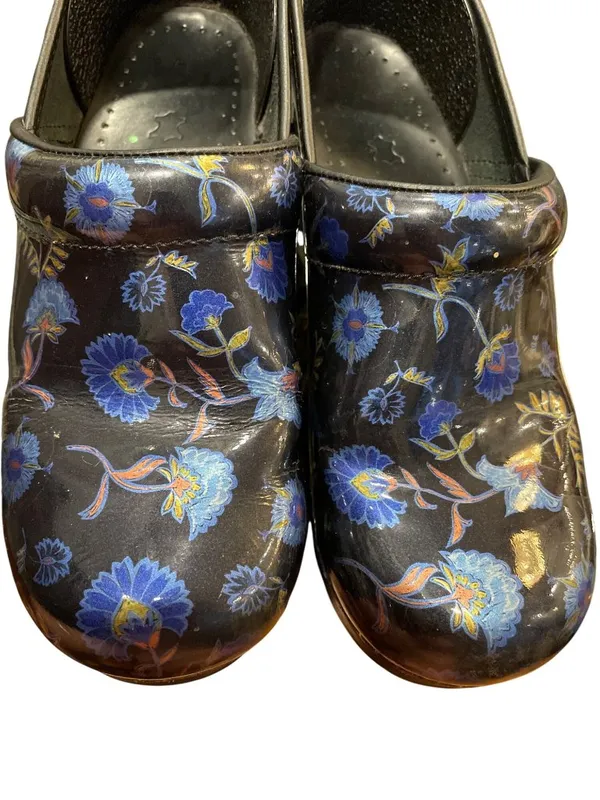 Dansko wms black blue floral leather nursing mules clogs sz 38/7.5-8 SKU 10-213 - Image 13
