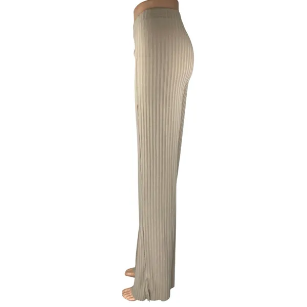 H&M Beige Tan Khaki High Waisted Ribbed Knit Pull On Straight Trousers Pants XL - Image 2