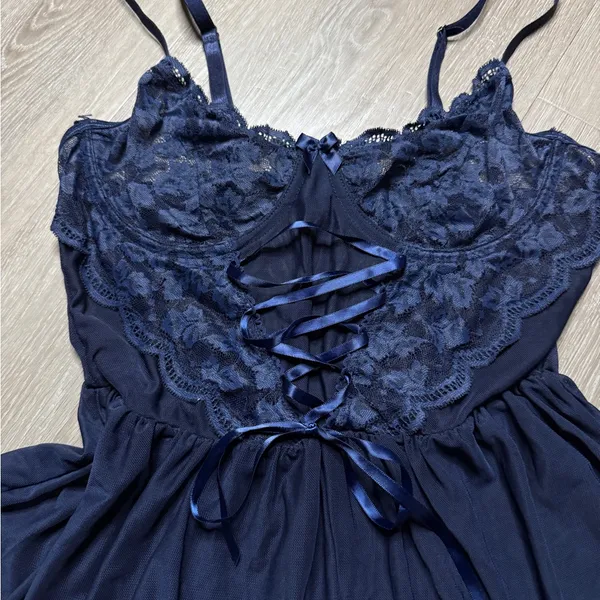 Elegant Navy Lace Lingerie Babydoll Chemise - Image 2
