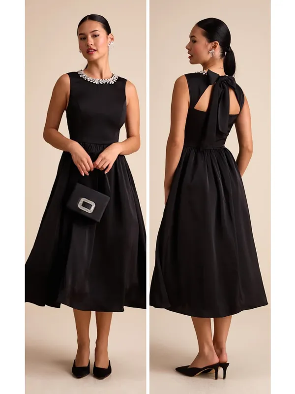 Lulus Marietta Black Satin Rhinestone Sleeveless Midi Dress Size Large Formal - Image 2
