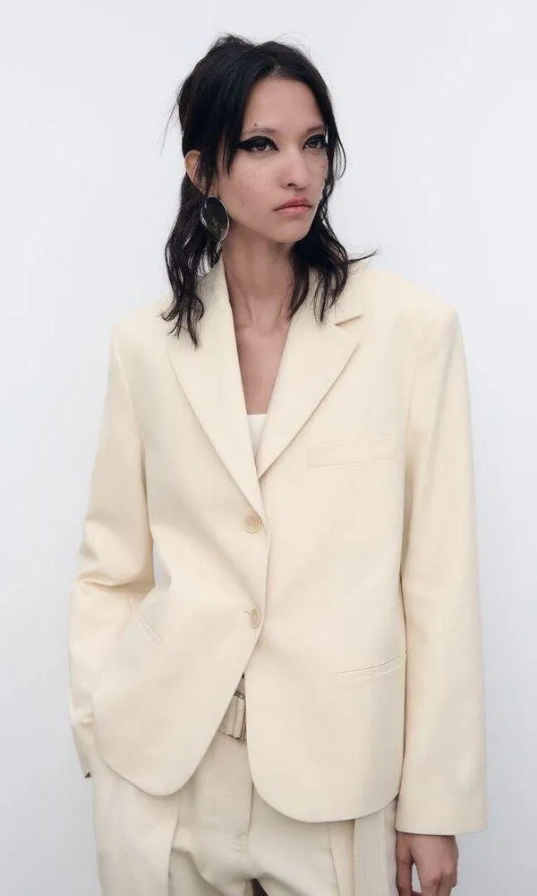 ZARA blazer cotton casual boyfriend relaxed mom classic beige - Image 2
