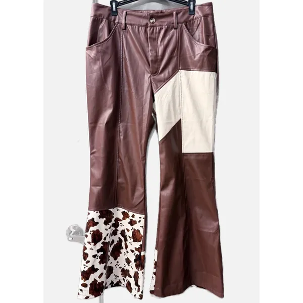 Ursime Western Cow Pattern PU Leather High Waist Bell Bottom Pants - Size XL - Image 4