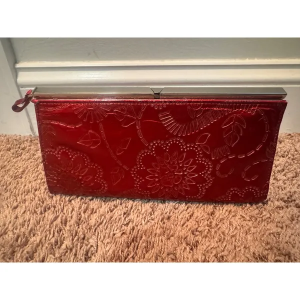 Vintage Red‎ Embossed Faux Leather Pull Tab Kiss Lock Clutch Evening Bag Floral - Image 2