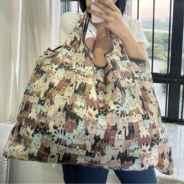 Cat Pattern Portable Reusable Shopping / Grocery Bag Brown - Image 3