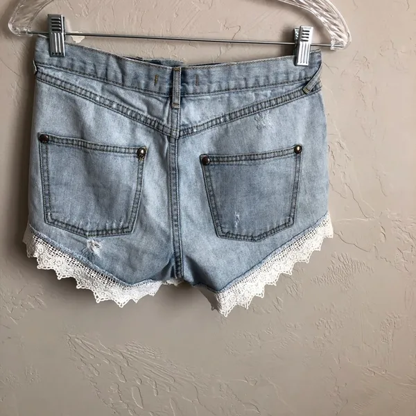 Free People Distressed Crochet‎ Denim Shorts - Image 11
