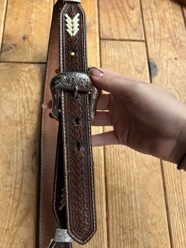 Brown Tooled Leather Belt with Silver Detailing - Image 3