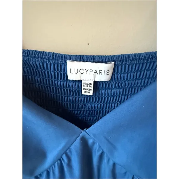 Lucy Paris Blue Tiered Babydoll Midi Dress Puff Sleeve Cottagecore Smocked Back - Image 3