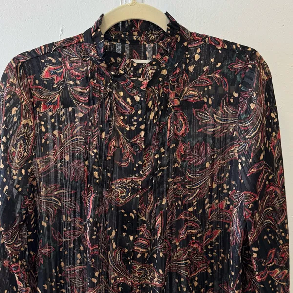 NWT Mango Floral Paisley Metallic Contemporary Ruffle‎ Sheer Blouse Blk Burgundy - Image 3