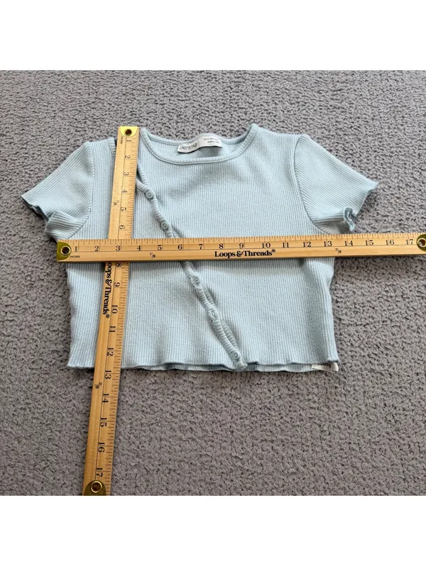 Bershka Women’s Light Blue Ribbed Asymmetrical Button Crop Top Baby - Image 2