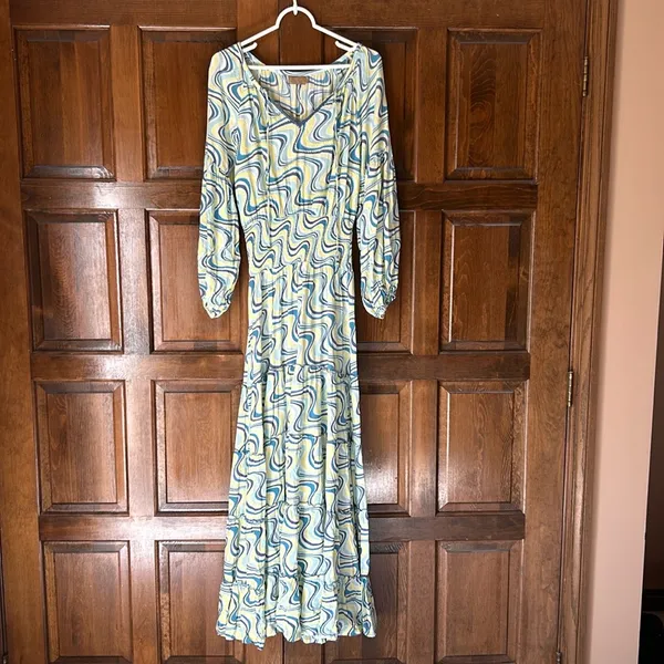 Skemo Blue‎ Yellow Long Dress Beaded Ruffle Hem Small Maxi Tiered Boho Abstract - Image 4