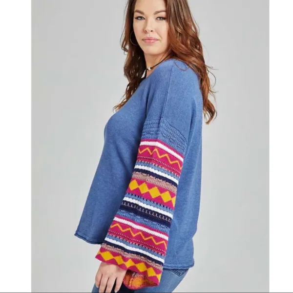 Killian BoHo Bohemian Patterned Sleeve Dusty Blue Bell Sleeve Sweater NWT - Image 7