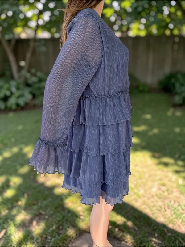 Lulus NWT Dusty Blue Tiered Chiffon Mini Dress Sheer Bell Sleeve M - Image 4