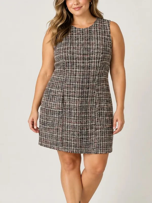 Gal Meets Glam Ramona Brown Tweed Check Sleeveless Mini Dress - Image 11