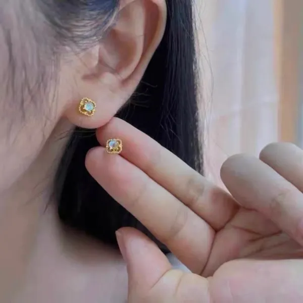 18K Gold Plated Hollow Mini Small Opal Stud Earrings for Women - Image 5