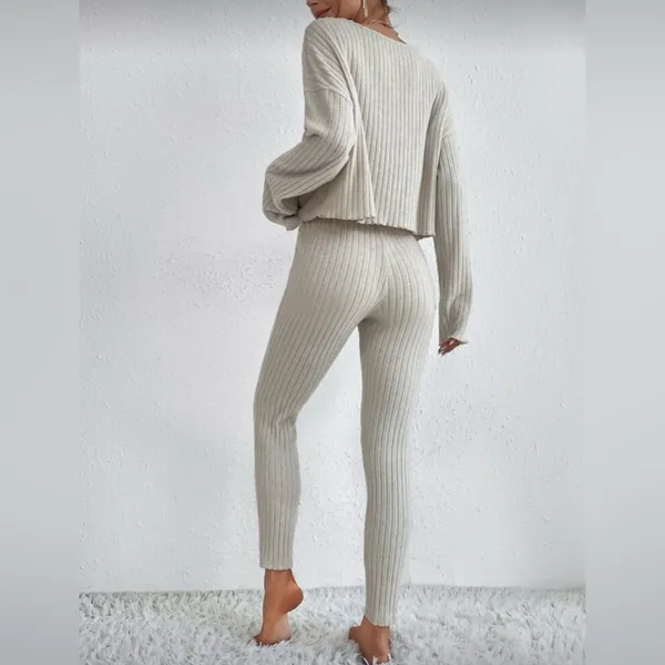 SHEIN Drop Shoulder Ribbed Knit Top & Pants Set, Khaki, Size XS, EUC - Image 3