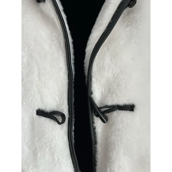 Sabrina Lauren Women's Large Faux Fur Toggle Coat Luxe Look White W/‎ Black Trim - Image 2