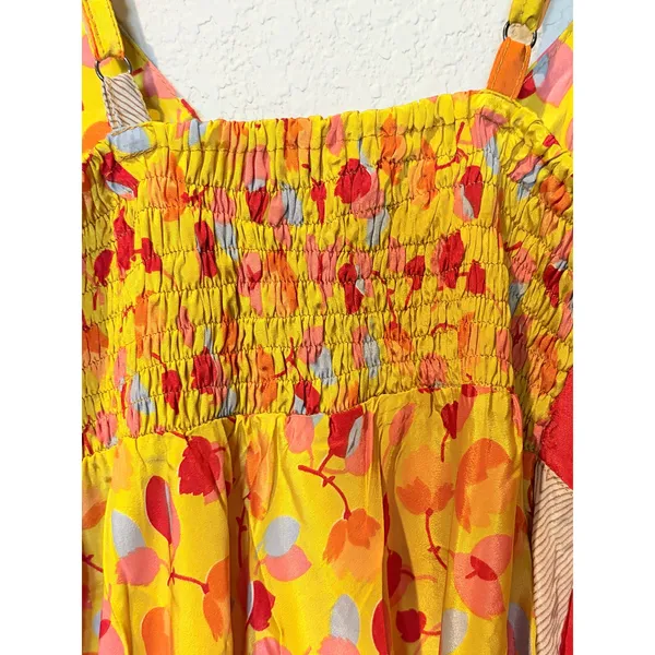 Silk Blend Patchwork Sundress Yellow Orange Floral Boho Resort Dress M - Image 5