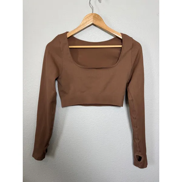 Brown Ribbed Seamless Long Sleeve Crop Top Square Neck Thumbhole‎ L - Image 3