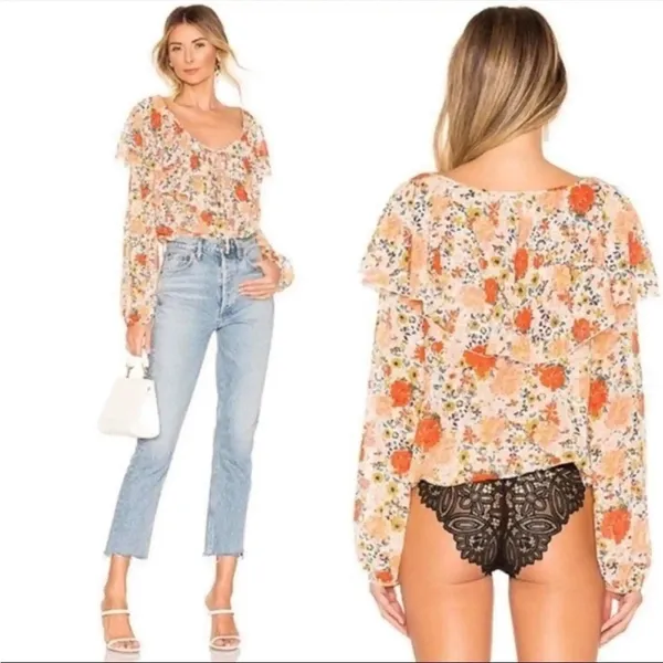Free People Intimately Say It To Me Bodysuit Long Sleeve Orange Floral XS - Image 4