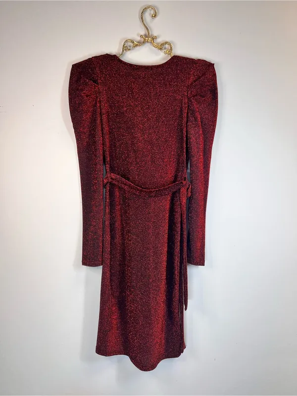 Elegant Burgundy Shimmer Faux Wrap Dress - Puff Sleeves Tulip Hem - Image 5