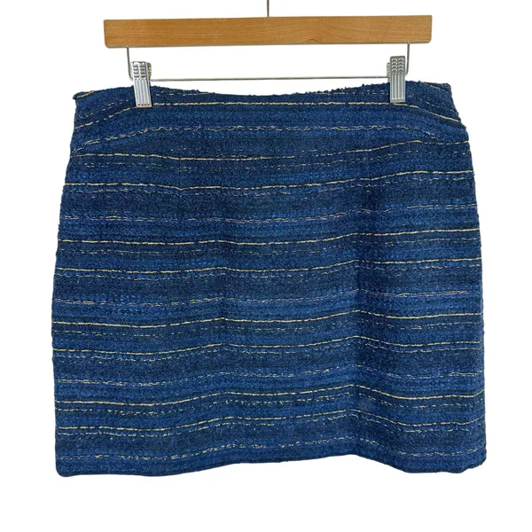 LOFT Blue Gold Shimmery Wool Blend Straight Lined Boucle‎ Mini Skirt Size 12 - Image 2