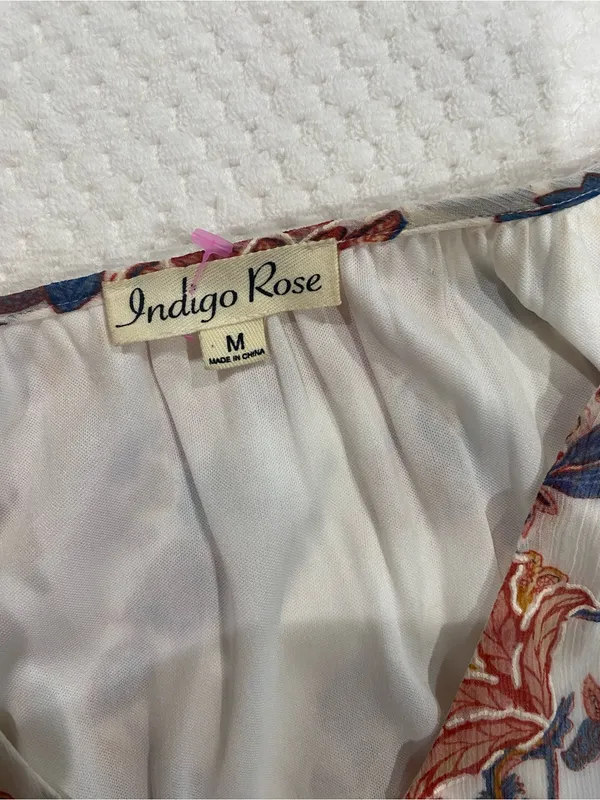 Boho Floral V-Neck Tiered Midi Dress - White with Rust & Blue - Image 2