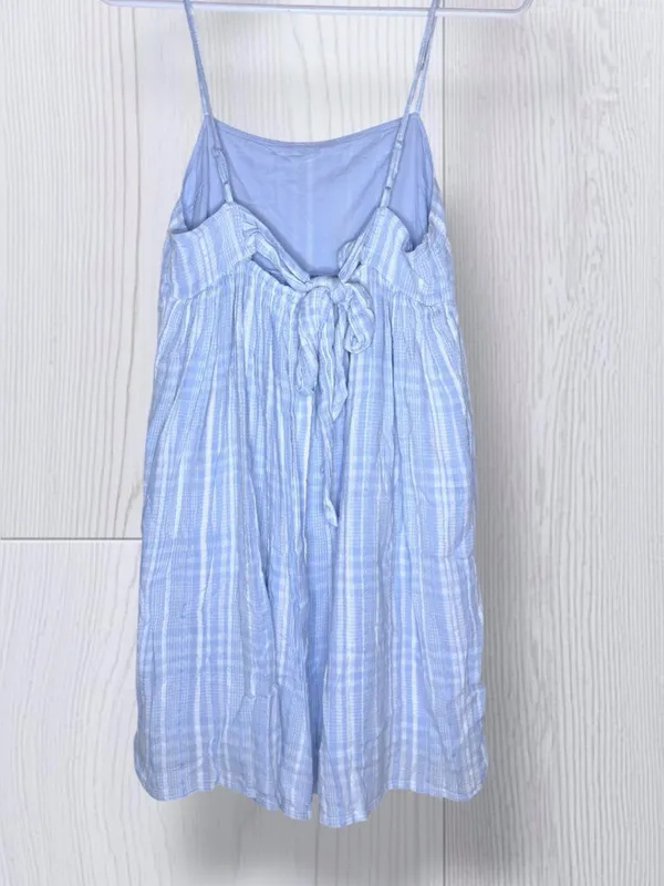 AMERICAN EAGLE Light Blue Plaid Textured Babydoll Mini Sundress | Cami Straps - Image 4