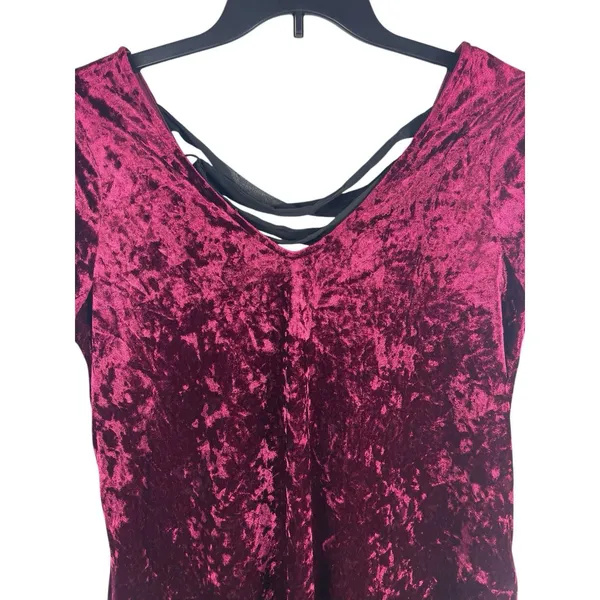 A Byer 90s Y2K Burgundy Crushed Velvet Black Tie Up Back V-neck Dress L Holiday - Image 9