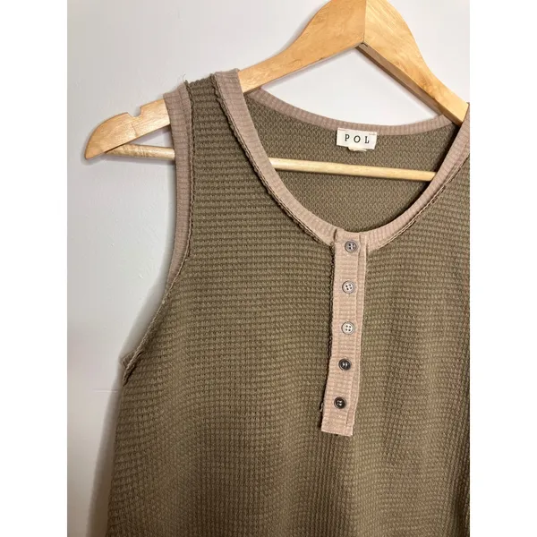 POL Henley Tank Top Womens Large Green Excellent Waffle Knit SMT1648 trendy - Image 4