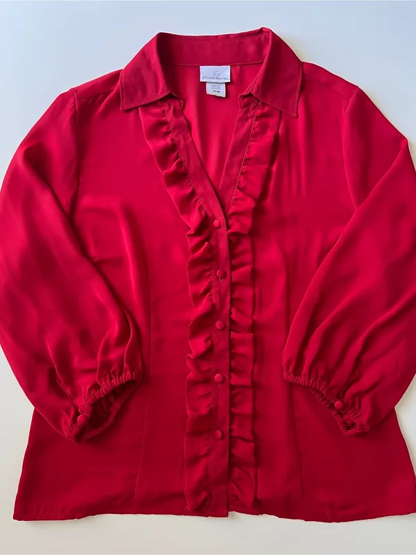 Jaclyn Smith Red Satin Ruffle Button Front 3/4 Balloon Sleeve Blouse Women’s M - Image 2