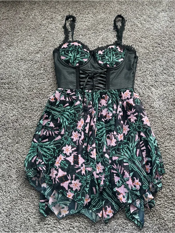 Dolls Kill Black Floral Lace-Up Mini Dress with Pink & Green Print - Image 2