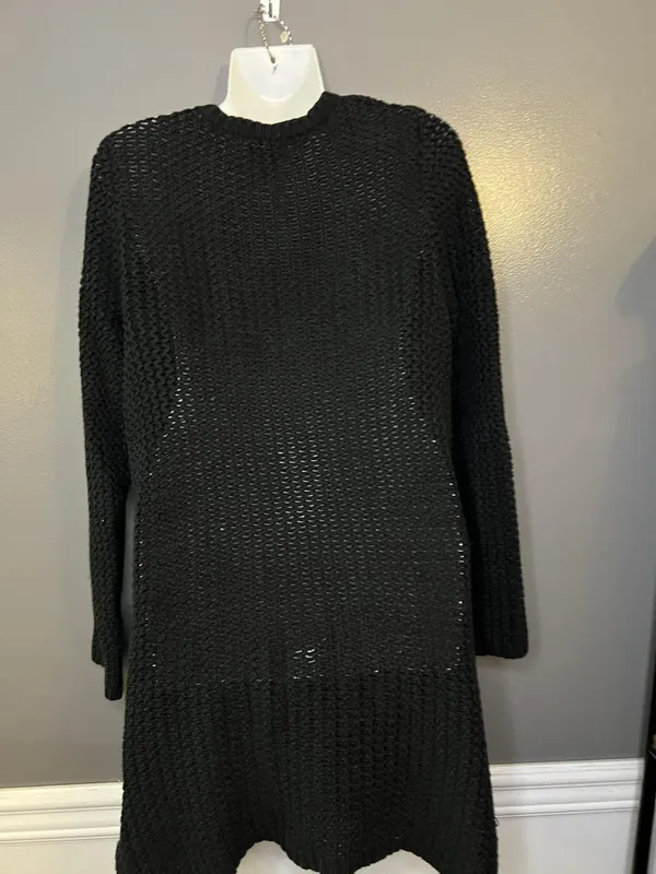 Lucky Brand Cardigan Sweater Womens Medium Black Open Knit Long Duster Pockets - Image 7