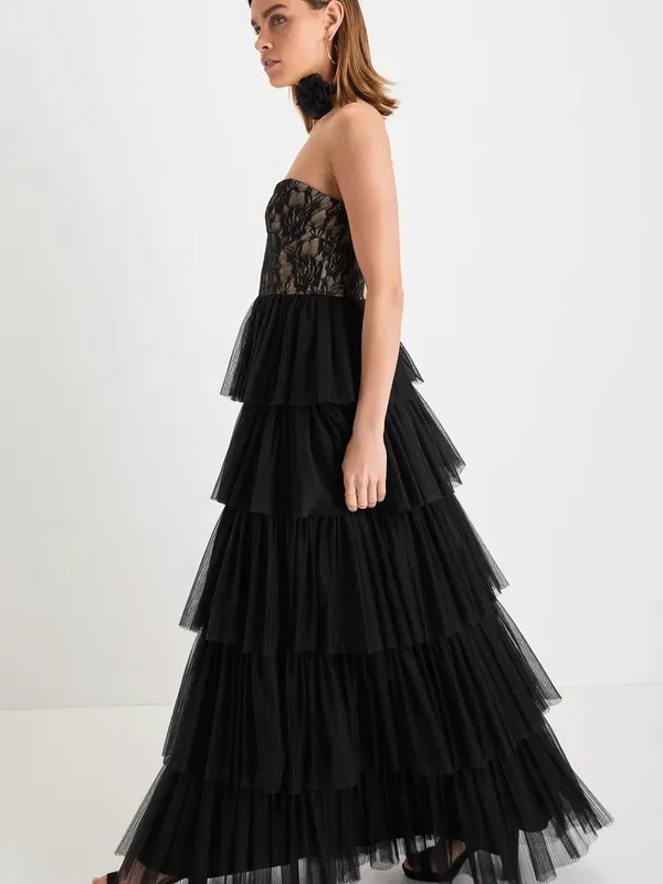 Lulus Sensational Darling Black Lace Tulle Tiered Strapless Maxi Dress - Image 2