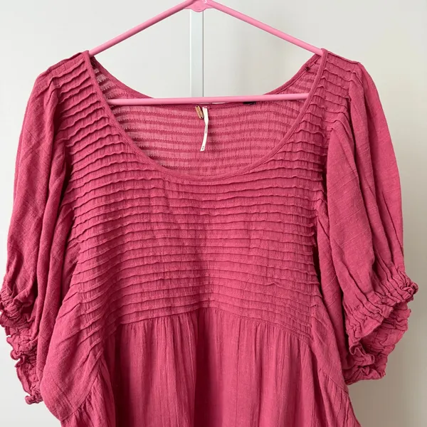 Free People M Rose Pink Dress Pintuck Smocked Puff Sleeve Boho‎ Slouchy - Image 2