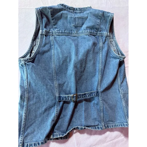 Eddie Bauer Womens Vintage Denim Vest Medium Wash Raw Edge Frayed Collar Small - Image 2