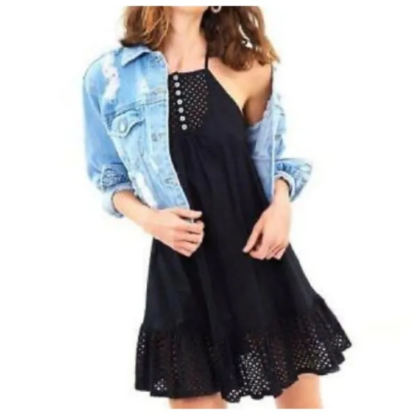 Free People Calico Trapeze Dress Medium Black Eyelet Cotton Mini Ruffle Summer - Image 2
