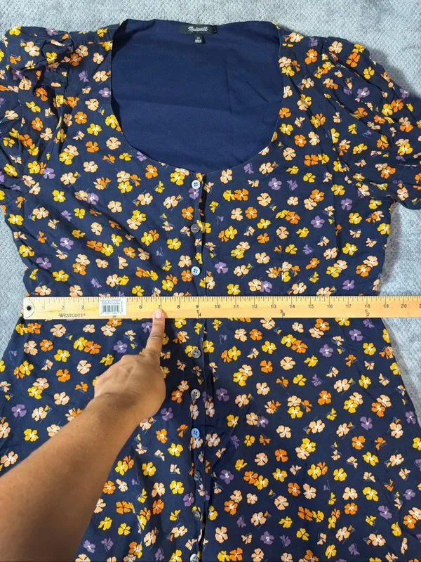 Madewell Sz 14 Navy Floral Button Front Puff Sleeve Mini Dress Cottagecore Boho - Image 11