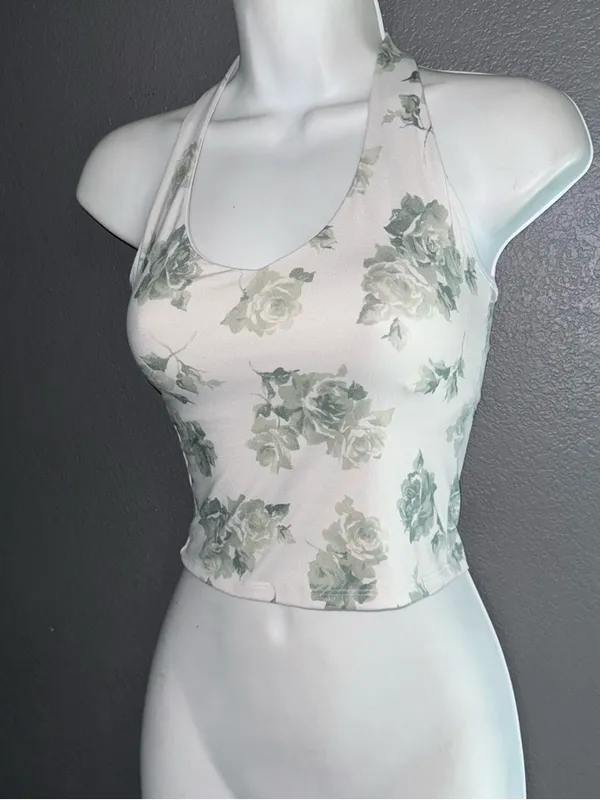 Hollister Womens White & Green Floral Crop Top Halter Tank size Small - Image 2