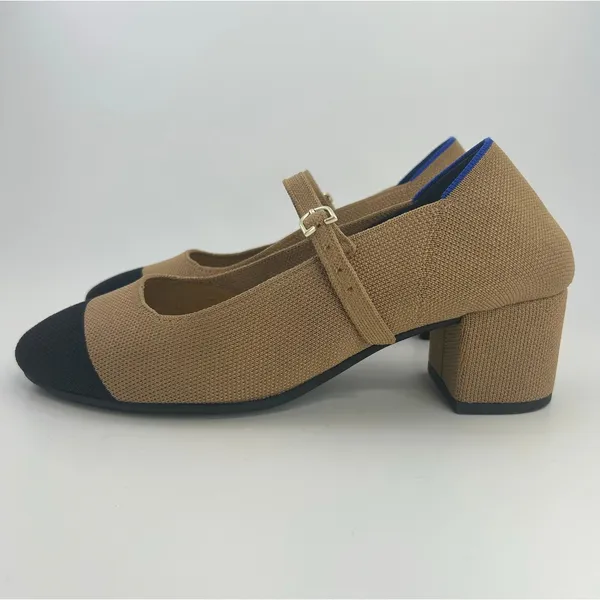 Rothy's The Mary Jane Camel Black Cap Toe Block Heel Knit‎ Shoes Women's 8.5 - Image 4