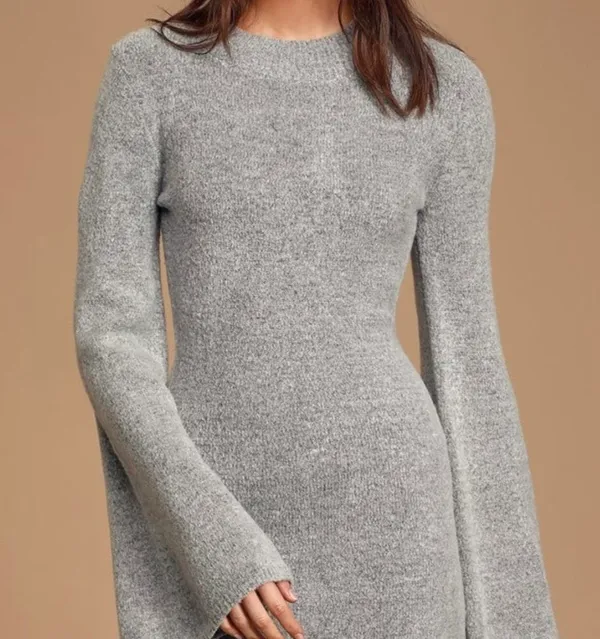 Lulus Heather Grey Knit Bell Sleeve Sweater Dress - Image 2