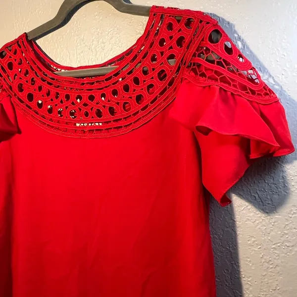 Red Ruffled Flutter Sleeve Blouse size Medium Red 2000s Y2K - Image 4