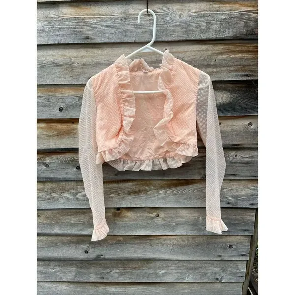 Vintage pale pink size XS Swiss dot sheer sleeves cropped jacket. - Image 7