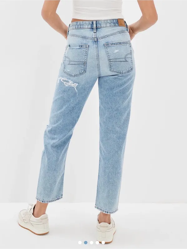 AMERICAN EAGLE High Rise Distressed Mom Straight Jeans, Size 6, Light Wash - Image 2