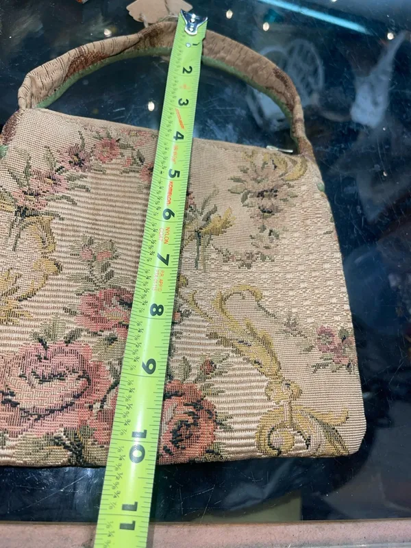 Antique/Vintage Floral Tapestry/Carpet Bag Material Hand Bag in Beige and Pink - Image 7