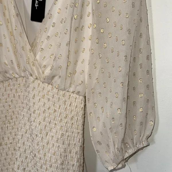 Lulus gold shimmer dot ruffle mini dress NWT size‎ small - Image 6