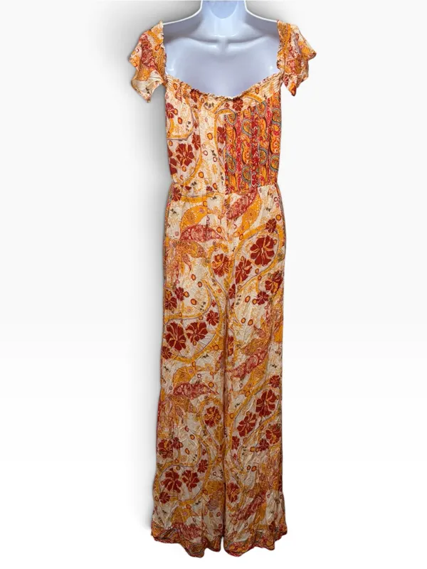 Free People Orange Bohemian Floral Print Smocked Wide Leg Jumpsuit Small - Image 3
